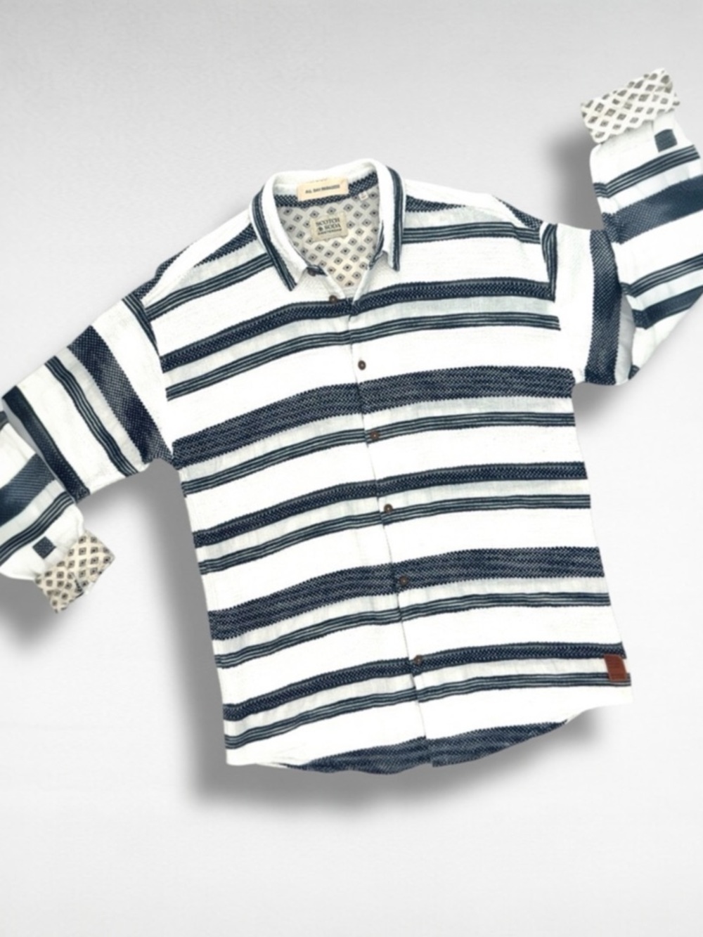 Scotch & Soda XL Basketweave Voile Button-Up Shirt White Navy Striped Resort - Picture 2 of 12